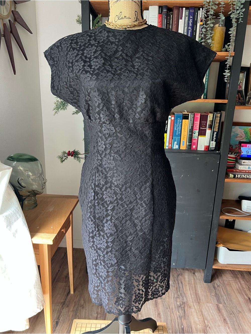 Black Lace Midi Dress with Cap Sleeves
